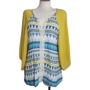 Love Lace Yellow & Blue V Neck Bell Sleeve Women's Top Size S NWT